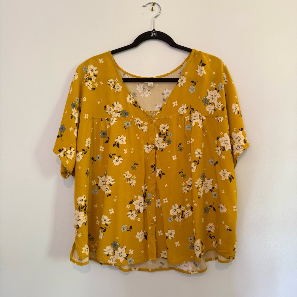 Floral Mustard Yellow Women's Button Down Top, XL